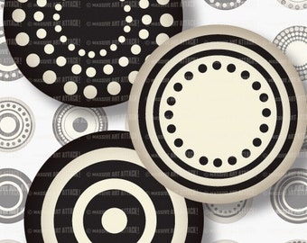 Inchies Digital Collage Sheet 129 . Black and White Circles and Dots . 1 inch circles