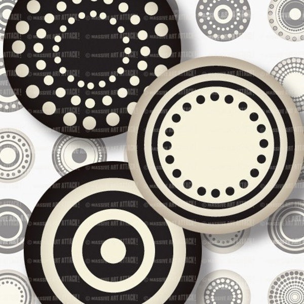 Inchies Digital Collage Sheet 129 . Black and White Circles and Dots . 1 inch circles