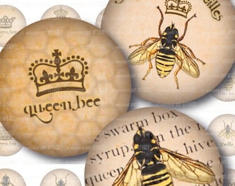 Bee Illustrations with Vintage Beekeeping Text . Digital Collage Sheet 172 . 1 inch circles