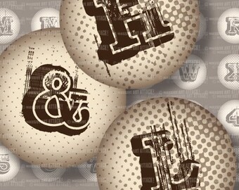 May include: A selection of brown and white vintage-style graphic elements. The image shows circular designs with distressed letters and symbols, including the ampersand, the letter "E", and the letter "L". The background is a light beige with a polka dot pattern.