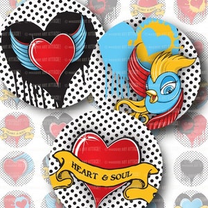 Rockabilly Style, Heart and Soul . Printable Art Sheet 167 . 1 inch circles