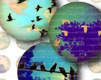 Birds on Vintage Skies . Digital Collage Sheet 191 . 1 inch circles