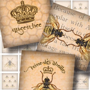 Biene-Illustrationen mit Vintage Imkerei Text. Digital Collage Sheet 175. 1-Zoll-Pl&auml;tze