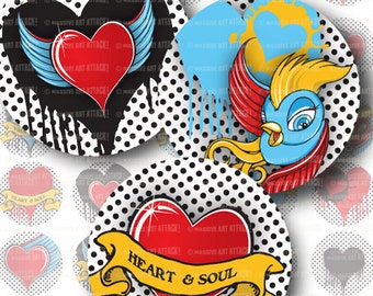 Rockabilly Style, Heart and Soul . Printable Art Sheet 220 . 3 inch circles