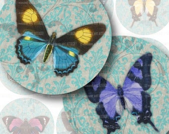 Butterflies on Damask . Digital Collage Sheet 171 . 2.5 inch circles