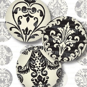 Digital Download 140 . Ivory and Black Damask . 1.5 inch circles