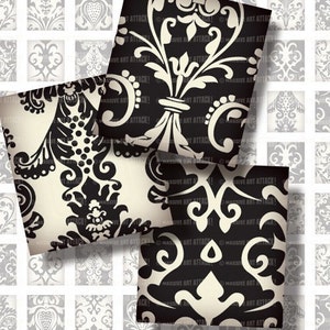 Puede incluir: Un collage de baldosas cuadradas con patrones ornamentados en negro y crema. Los diseños incluyen motivos florales y de volutas, con el texto "MASSIVE ART ATTACK!" visible. La estética general es vintage y decorativa.