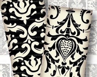 Ivory and Black Damask Domino Tiles . Printable Collage Sheet 123 . 1 x 2 inches