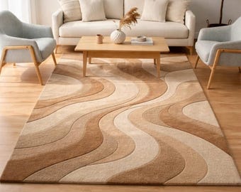 Modern golvend tapijt handgetuft wollen tapijt voor woonkamer slaapkamer esthetisch bruin beige wervelend tapijt groot abstract op maat gemaakt tapijt woondecoratie,