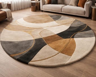 Modern Round Rug, Abstract Circle Area Rug for Living Room, Mid Century Modern Floor Decor, Large Round Carpet, Earth Tone Geometric Rugs,