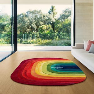 5x8 Feet Rainbow Gradient Rug – Handmade Wool Carpet with Layered Arch Design, Colorful Irregular Shape Area Rug for Modern Living Room