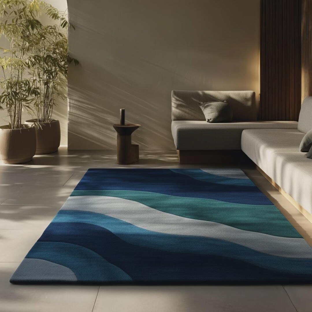 Modern Abstract Blue Area Rug | Ocean Wave Design Carpet | Handmade ...