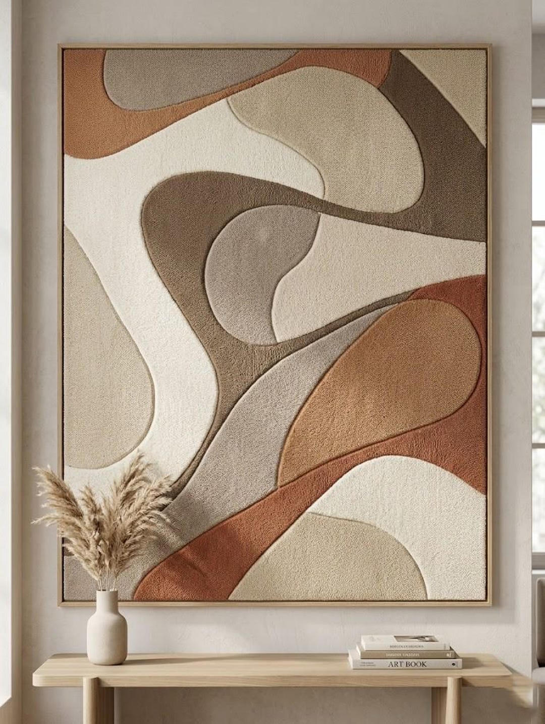 Abstract Tufted Wool Rug, Large Wavy Area Rug, Earth Tone Mid Century ...