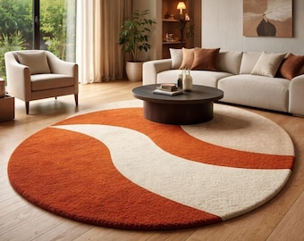 Round Burnt Orange Rug, Modern Abstract Wavy Circle Area Rug, Soft Plush Hand Tufted Wool Rug for Living Room, Mid Century Modern Home Decor