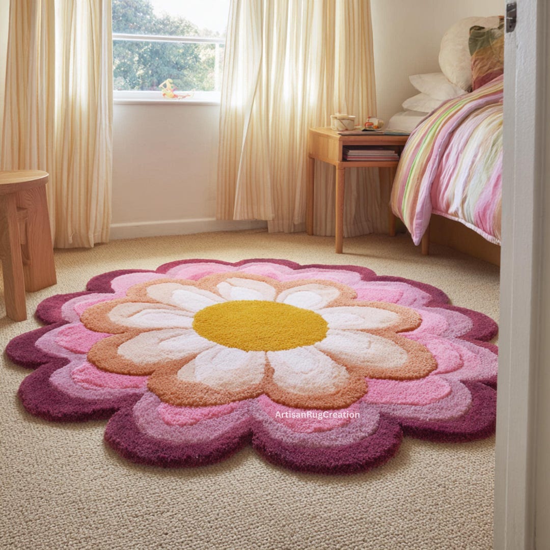 Handmade Pink Daisy Rug, Tufted Floral Carpet, Boho Bedroom Decor Rug ...