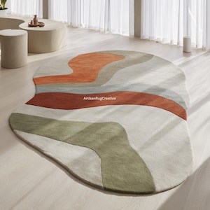 Modern Abstract Rug | Handcrafted Wool in Olive, Burnt Orange & Beige Tones