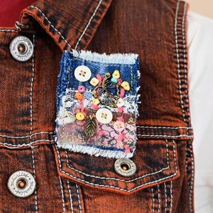 Flower Garden Fabric Collage BROOCH PIN - Textile Art Denim Scrap Lace Beads & Button Mixed Media Upcycled Fiber Art Landscape PIN 137