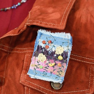 Flower Garden Fabric Collage BROOCH PIN - Textile Art Denim Scrap Lace Beads & Button Mixed Media Upcycled Fiber Art Landscape PIN