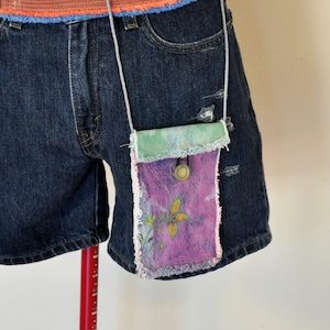 Dyed Denim HANDTASCHE - Hand Made Urban Upcycled Dunkelrot Grün Gefärbt Bedruckt Denim Handy Geldbörse Over the Shulter Mini Bag Tote 80er