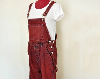 Peto pequeño rojo OVERALL Pants - Scarlet Red Dyed Upcycled Motherhood MATERNITY Cotton Denim Overoles - Adult Womens Size Small (36 w x 29 L)