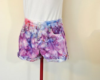 Purple Sz 7 Denim SHORTS - Pink Purple Blue Ice Dyed Urban Style Distressed Cotton Shorts - Adult Womens Junior Size 7 Medium (30 Waist)