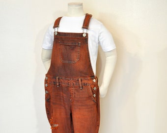 Orange Dyed Girls 12 Large Upcycled SO Denim Bib OVERALLS Pants (30W x 27L)