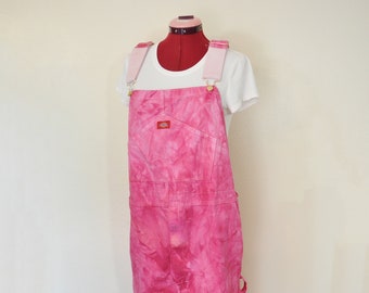 Fuchsia Large Bib OVERALL Pants - Mottled Pink Dyed NEW Dickies Cotton Painters Overalls - Adult Mens Womens Size Large (38W x 30 L)