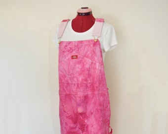 Fuchsia Mens Large Bib OVERALL Pants - Mottled Pink Dyed NEW Dickies Cotton Painters Overalls - Adult Mens Womens Extra Large (42 w x 32 L)