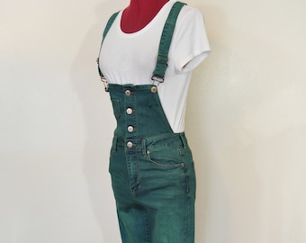 Green Jrs. Small Bib OVERALL Pants - Green Dyed Upcycled Forever21 Cotton Denim Overall - Adult Womens Size Juniors Small (28W x 28L)