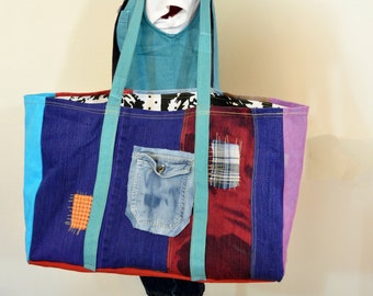 Rustic Dyed Denim Handbag Tote - Blue Red Violet Hand Made Urban Unique Dyed Scrap Upcycled Denim Long Handled XL Market Book Art Tote 48