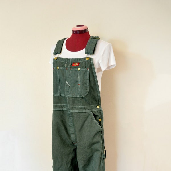 Olive Mens Medium Bib OVERAL Pants - Olive Green Dyed NEW Dickies Cotton Denim Overalls - Adult Mens Womens Medium Large (36W x 30 L)