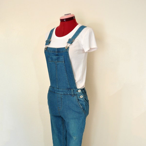 Teal Jrs. XS Bib OVERALL Pants - Blue Green Dyed Upcycled Hwy Jeans Denim Overall - Adult Womens Teen Juniors Extra Small Sz 3 (28 W x 26 L)