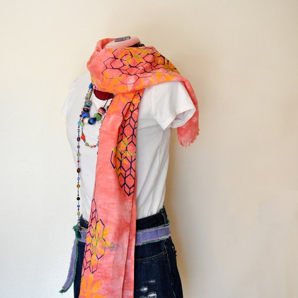 Cherry Cotton Linen SCARF - Pink Red Hand Dyed Tie Dye Screen Printed Hand Made Linen Cotton Scarf #271 - 12 x 60"