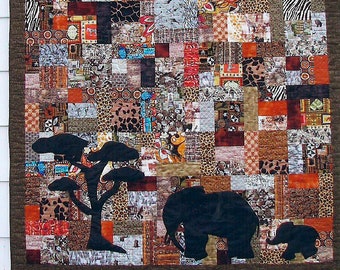 African Safari QUILT Twin Bed or Throw - Piece Quilt Geometric Quilt - 66 x 92&quot; Tan Brown Orange Black Animal Print - Machine Quilted