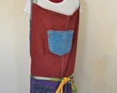 3X Dyed Denim Rustic Artists Apron 95 - Red Aqua Purple Dyed Upcycled Fringed Denim Adult Youth Apron - Plus Size Extra Large (36 Waist)