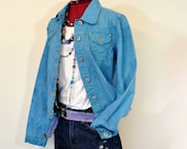 Blue Juniors Large Denim JACKET - Royal Blue Hand Dyed Upcycled Periscope Denim Trucker Jacket - Adult Womens Teen Jrs Large (38 quot Chest)