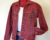Red Mens Small Denim JACKET - Scarlet Red Dyed Upcycled Vintage Wrangler Denim Trucker Jacket - Adult Men 39 s Size Small (42 quot chest)