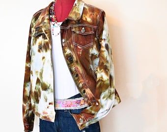 Brown Green Ice Dyed Womens XL Upcycled Relativity Denim Trucker JACKET (46" chest)