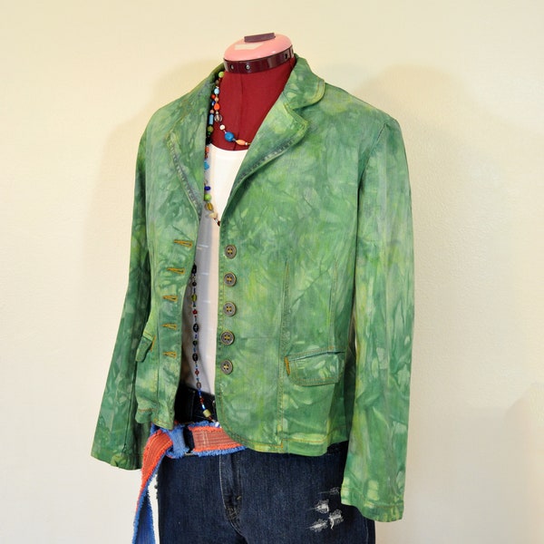 Green Small Denim JACKET - Kelly Lime Green Dyed Upcycled St. Johns Bay Denim Blazer Jacket - Adult Women Size Small Petite (40 chest)