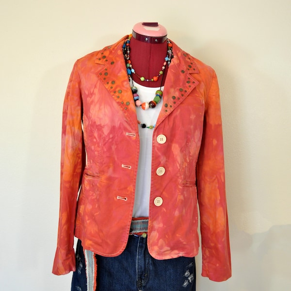 Orange Small Cotton JACKET - Cherry Red Dyed Denim Upcycled Daisy Fuentes Cotton Studded Blazer Jacket - Adult Women 6 Small (36 chest)