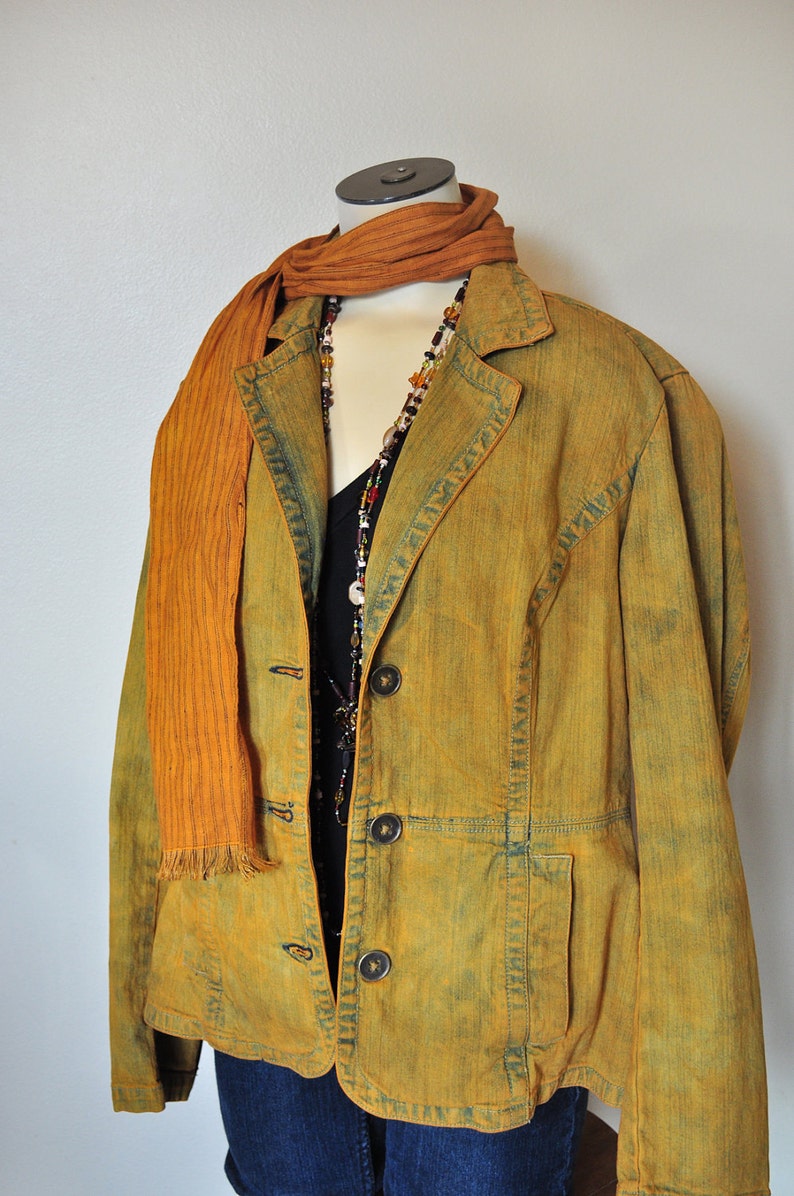 Golden Topaz Hand Dyed Upcycled St Gold Medium Denim JACKET Adult Womens Size Medium Johns Bay Denim Blazer Jacket 38 chest
