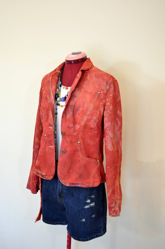 Red Small Denim Jacket - Red Orange Hand Dyed Upc… - image 1