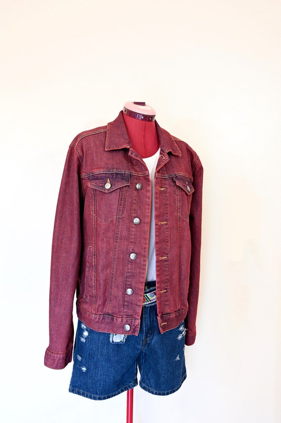 Red Mens Small Denim JACKET - Wine Red Solid Dyed… - image 5