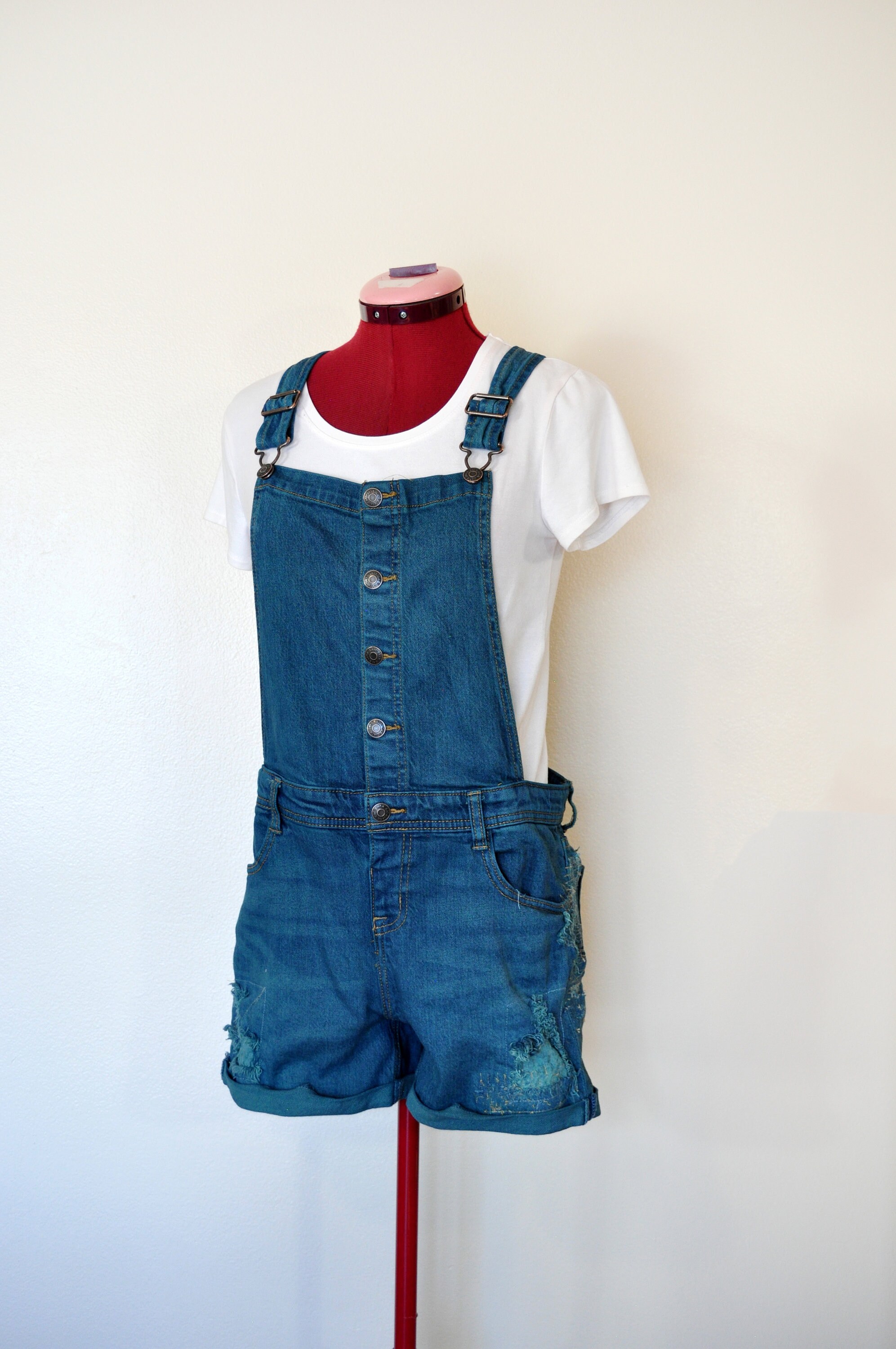 NEAT　SILK DENIM OVERALL SHORTS Teal Womens Jrs. XL Bib OVERALL Shorts - Blue Green Dyed