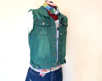 Green Dyed Womens Juniors Large Upcycled Highway Jeans Denim VEST (38" chest)