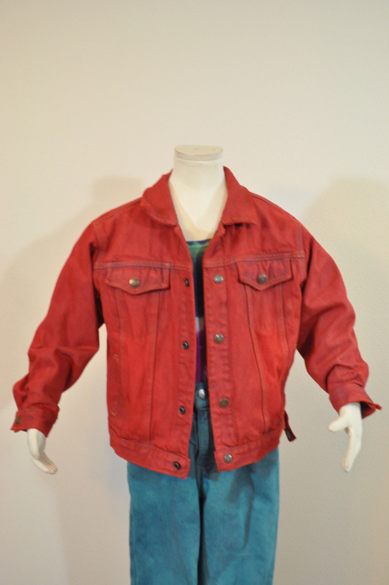 Childrens Boys Medium Large 34 chest Scarlet Red Dyed Upcycled Faded Glory Kids Denim Trucker Jacket Red Boys Sz 6 Year Denim JACKET