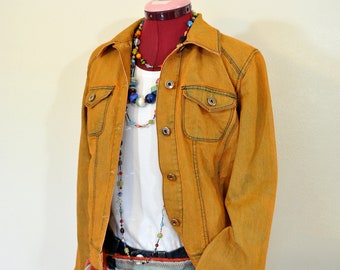 Orange Dyed Adult Womens Small Upcycled FrenchCuff Cropped Denim Trucker JACKET (38" chest)
