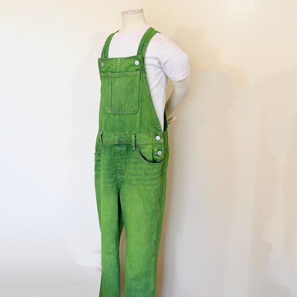 Green Kids Sz 10 Year Bib OVERALL Pants - Lime Green Dyed Old Navy Cotton Denim Overall - Teen Girl Boys Child Large 10/12 (30 waist x 24 L)