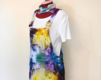 Blue Green Ice Dyed Womens Small Upcycled J.NNA Denim Overall DRESS (36" Waist)