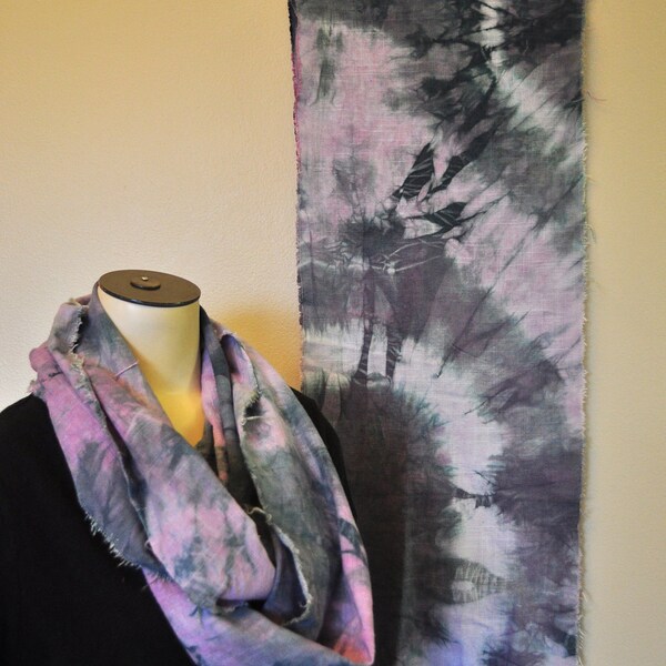 Infinity Linen SCARF - Hand Tie Dyed Linen Loop Eternity Scarf - Green Black Violet Pink Variegated Color Continuous Scarf #137 - 14 x 72"